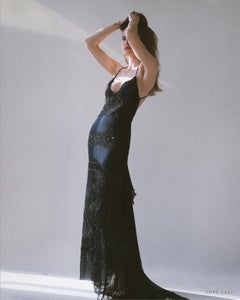 Valentino F/W 2003 black sheer beaded plunging backless silk train dress gown