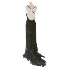 Valentino F/W 2003 black sheer beaded plunging backless silk train dress gown