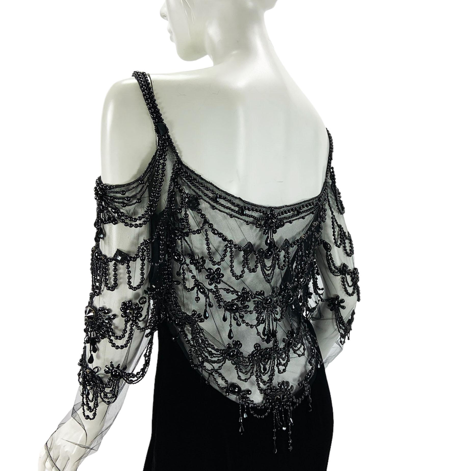 Valentino F/W 2003 Black Velvet 20s Inspired Beaded Gatsby Maxi Dress Gown US 8 For Sale 6
