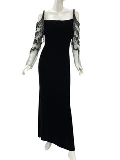 Valentino F/W 2003 Black Velvet 20s Inspired Beaded Gatsby Maxi Dress Gown US 8
