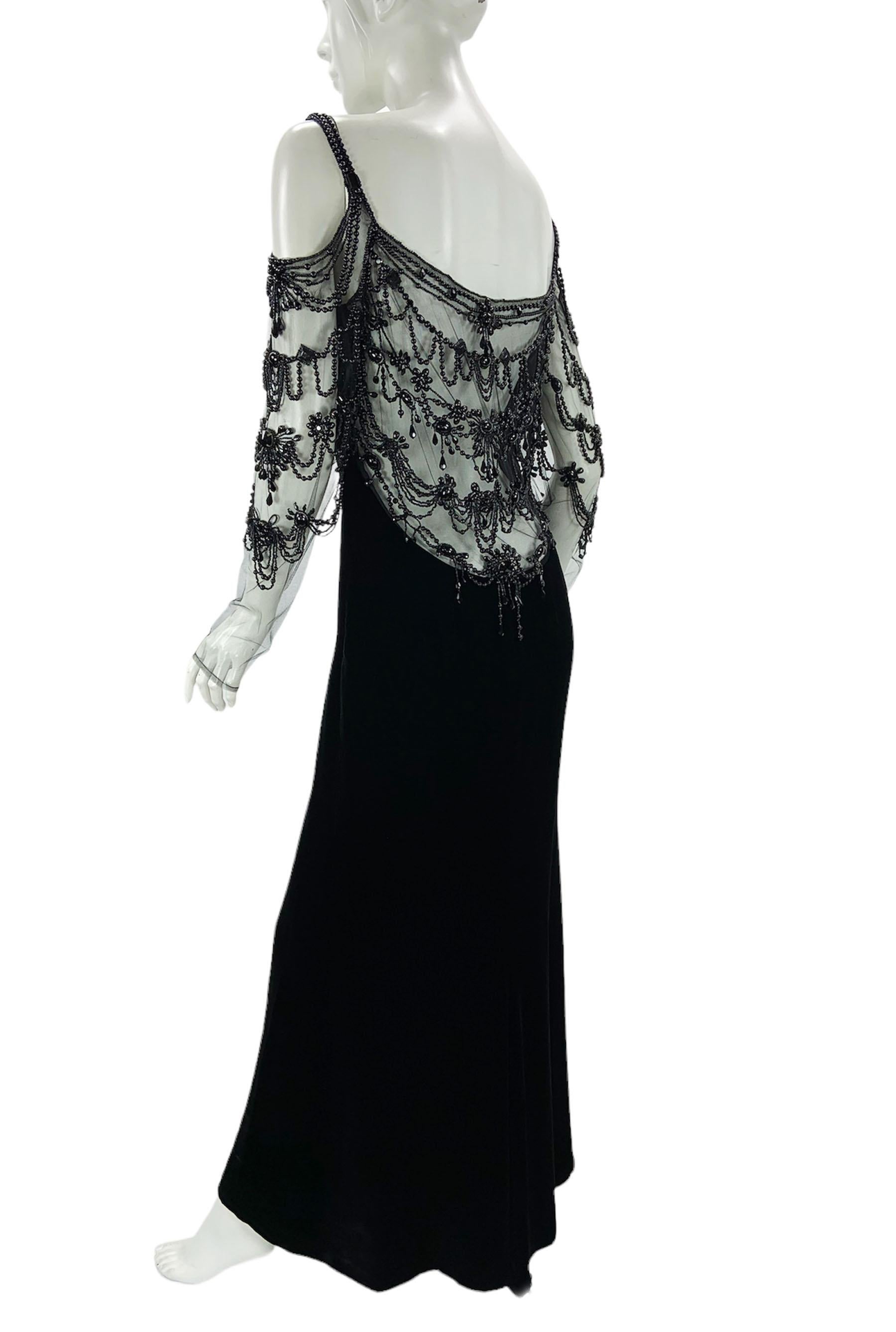 Women's Valentino F/W 2003 Black Velvet 20s Inspired Beaded Gatsby Maxi Dress Gown US 8 For Sale