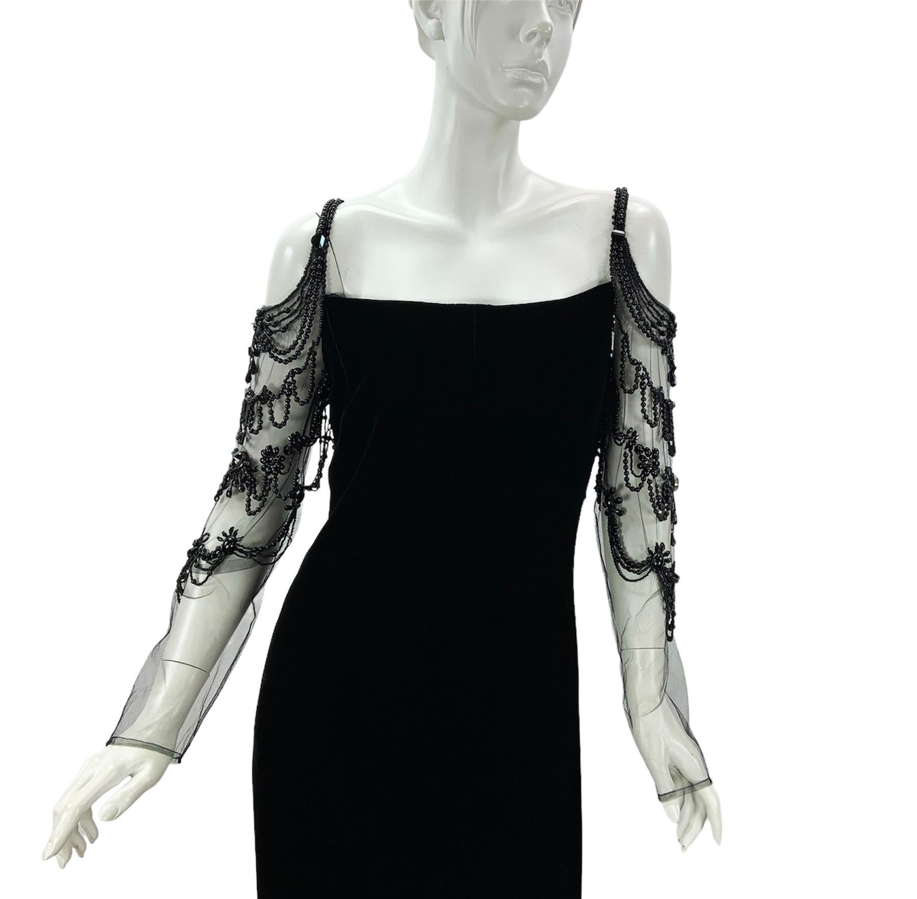 Valentino F/W 2003 Black Velvet 20s Inspired Beaded Gatsby Maxi Dress Gown US 8 For Sale 1