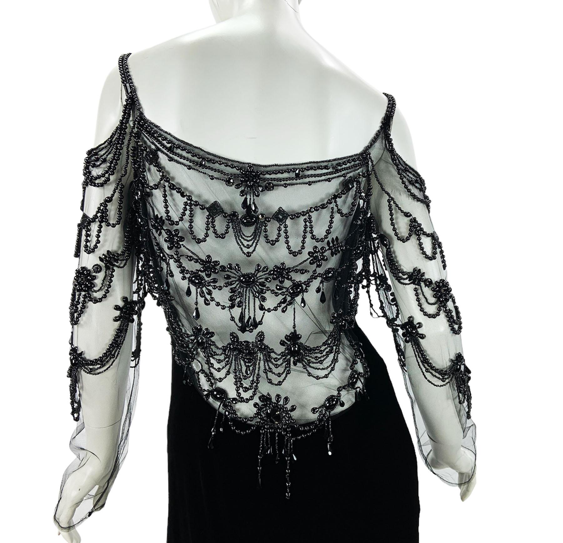 Valentino F/W 2003 Black Velvet 20s Inspired Beaded Gatsby Maxi Dress Gown US 8 For Sale 4