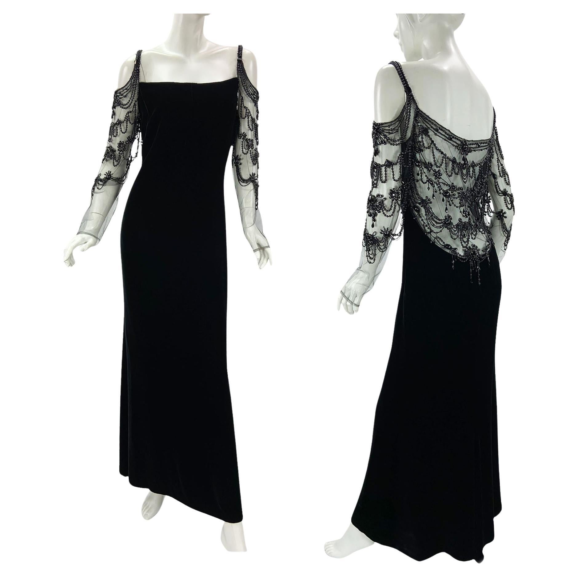 Valentino F/W 2003 Black Velvet 20s Inspired Beaded Gatsby Maxi Dress Gown US 8 For Sale