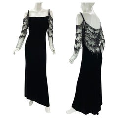 Valentino F/W 2003 Black Velvet 20s Inspired Beaded Gatsby Maxi Dress Gown US 8