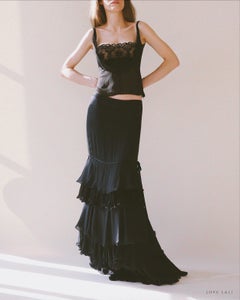 Valentino F/W 2004 beaded sheer crop top and black maxi ruffle silk skirt dress
