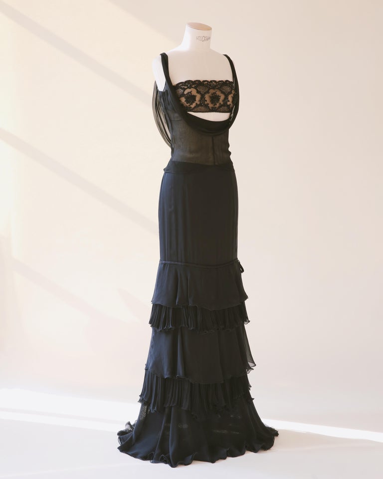 black valentino dress F/W 2004 beaded sheer crop top and maxi ruffle silk skirt For Sale at 1stDibs Shoe Size:Size 9 Regular Male - Size 11 Regular Female with feathers carefully applied silhouette:dresses Black Satin Oversized Shirt