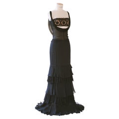 Valentino F/W 2004 beaded sheer crop top and black maxi ruffle silk skirt dress