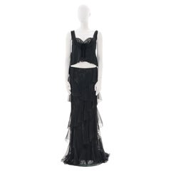 Valentino F/W 2004 Black ruffle and lace silk skirt set