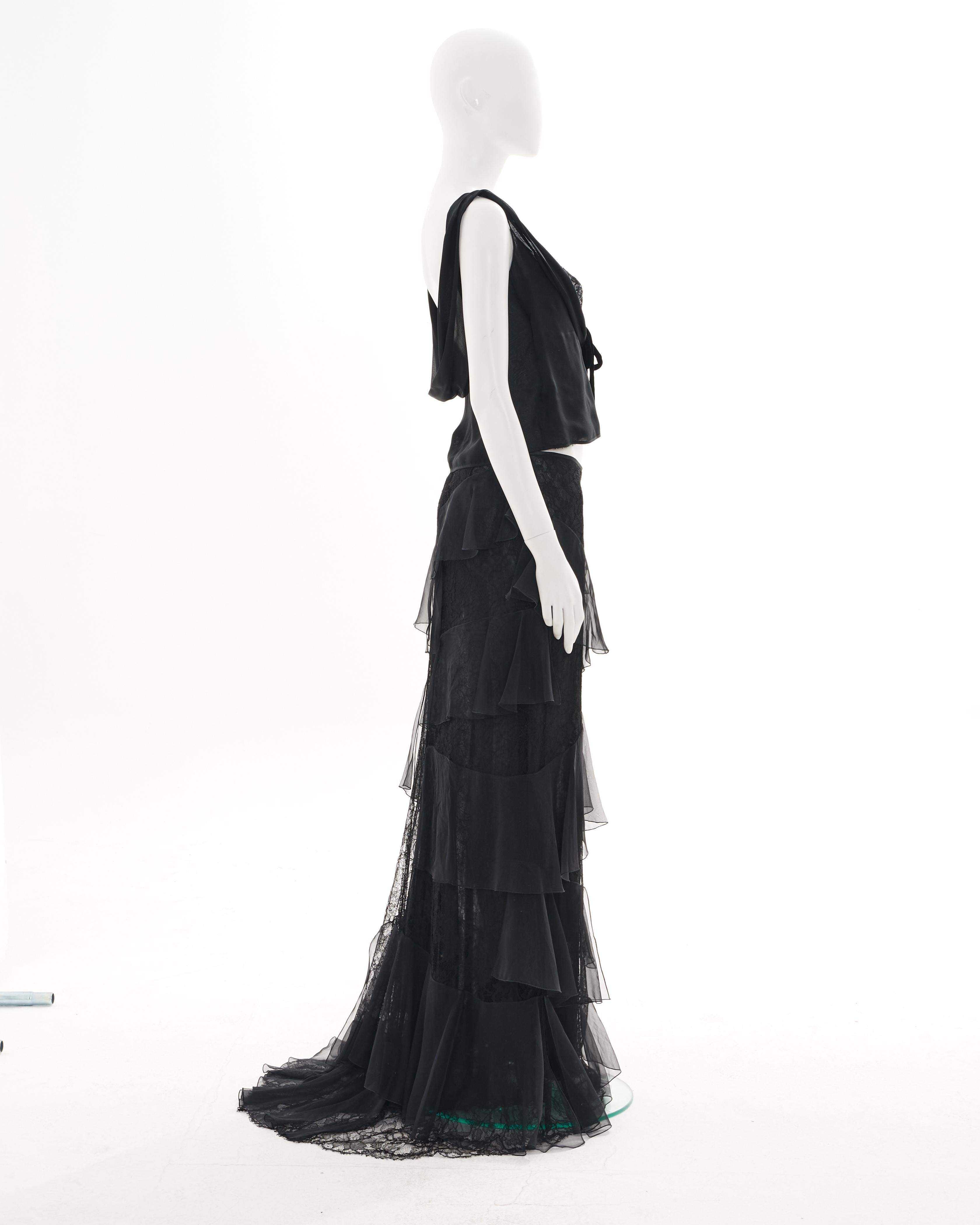 Valentino F/W 2004 Black ruffle and lace silk skirt set gown in vendita 2