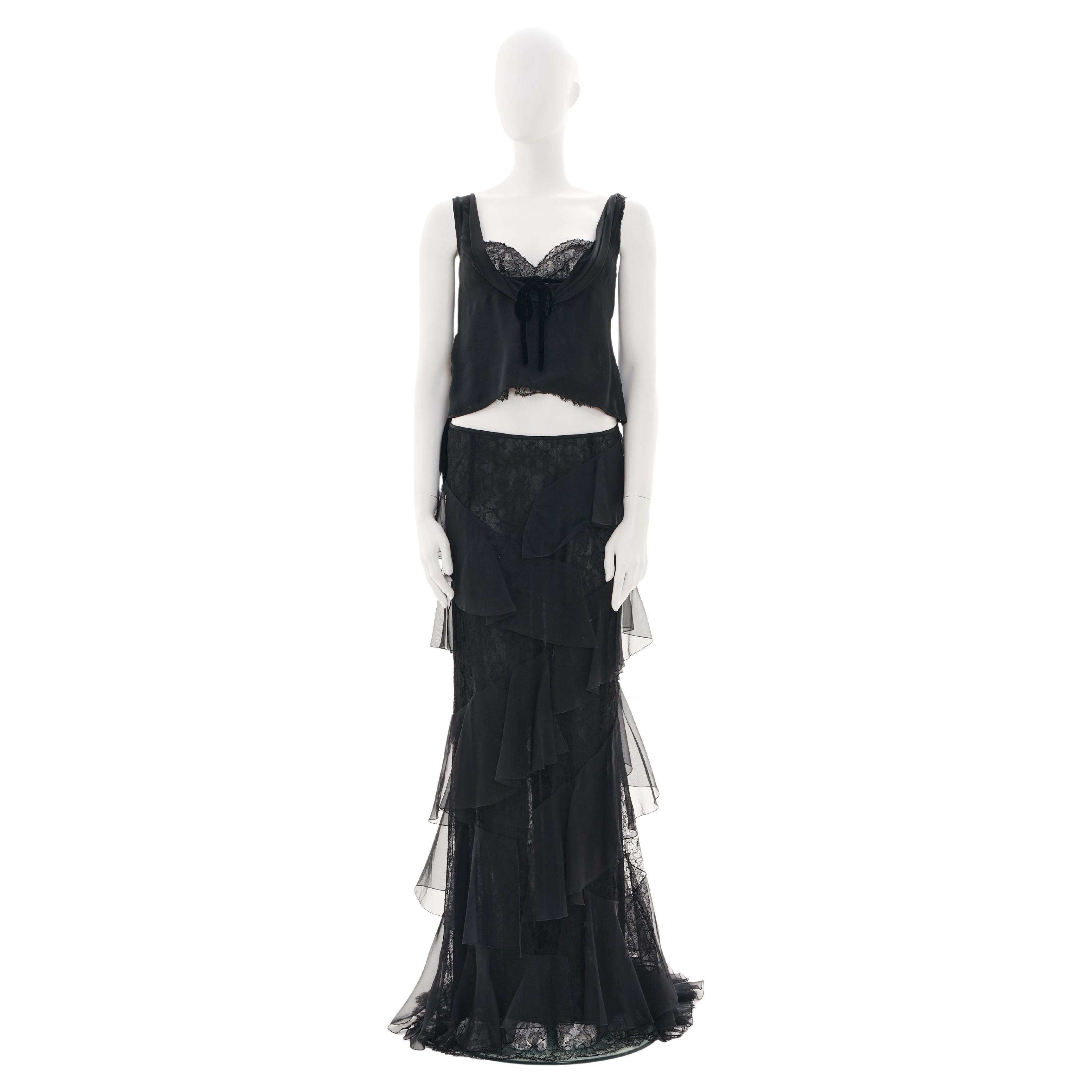 Valentino F/W 2004 Black ruffle and lace silk skirt set gown in vendita