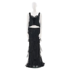 Valentino F/W 2004 Vestido negro con volantes y falda de encaje de seda