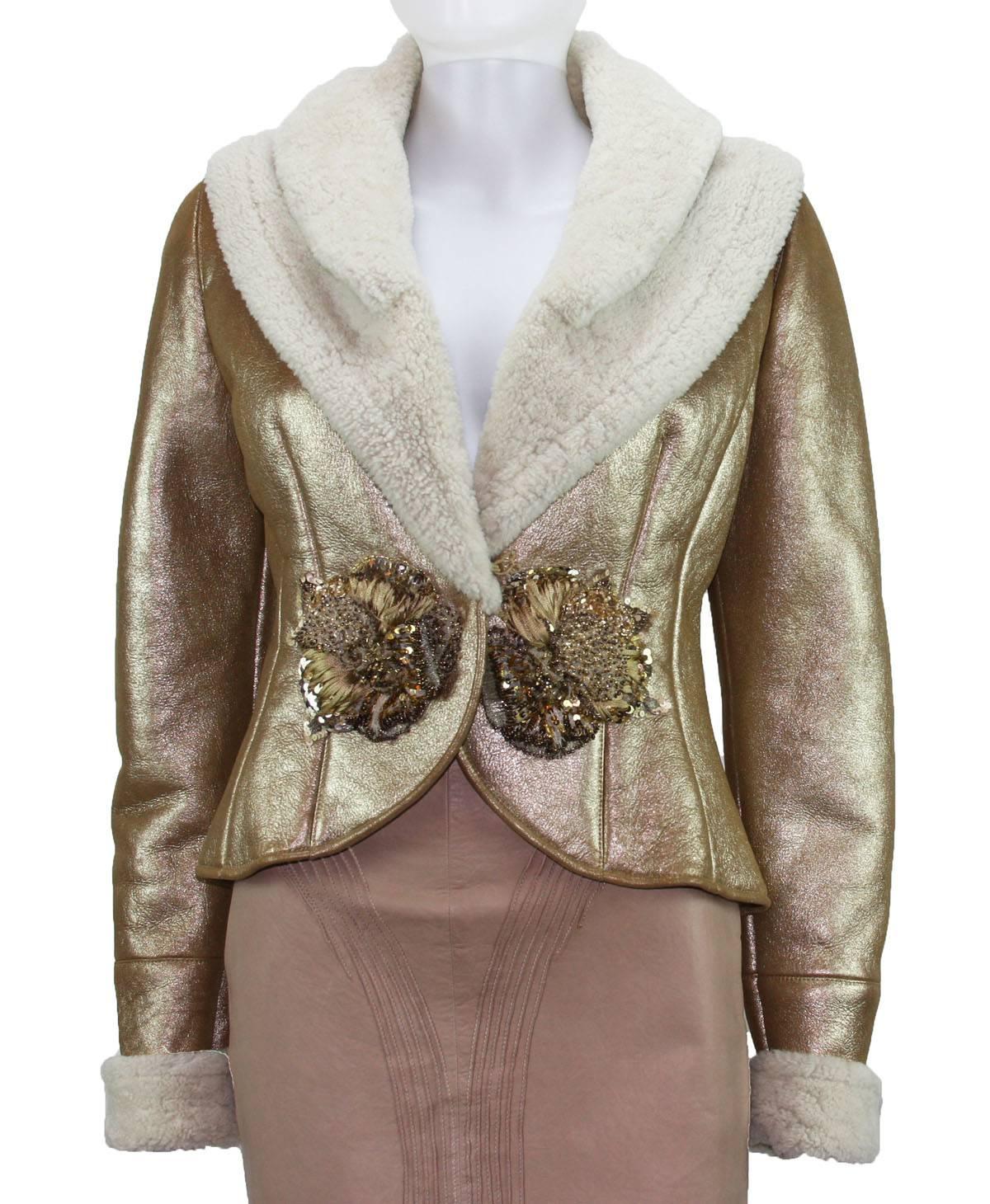 Vintage VALENTINO Lambskin Shearling - Lined Jacket
F/W 2006 Runway Collection
Designer Size – 12 ( please check measurements )
Color – Metallic Gold
100% Lambskin ( Very Soft ), Embellishment at Waist, 
Front Snap Button Closure, The Length of the