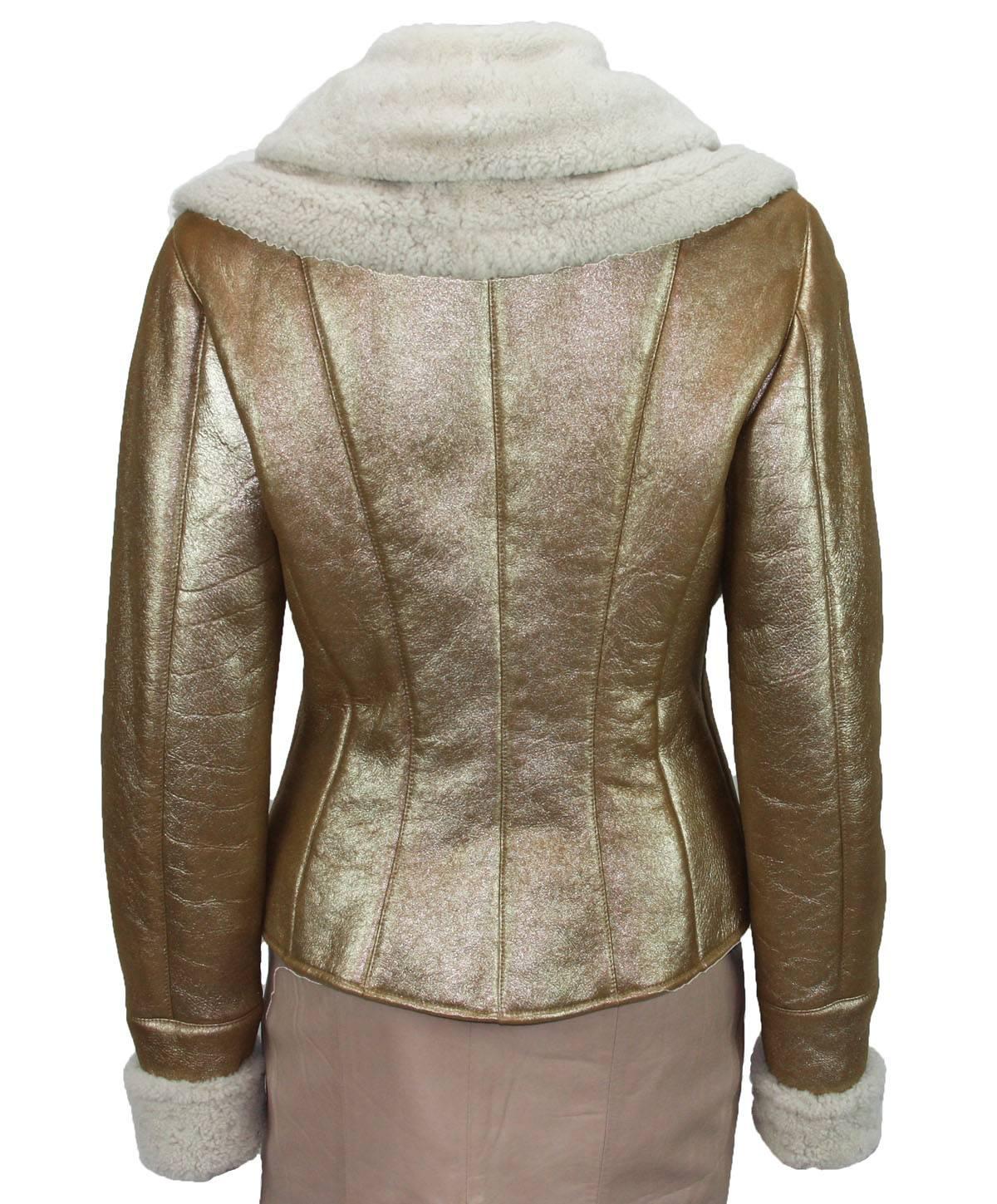 Brown VALENTINO F/W 2006 Metallic Gold Shearling Lambskin Leather Embellished Jacket For Sale