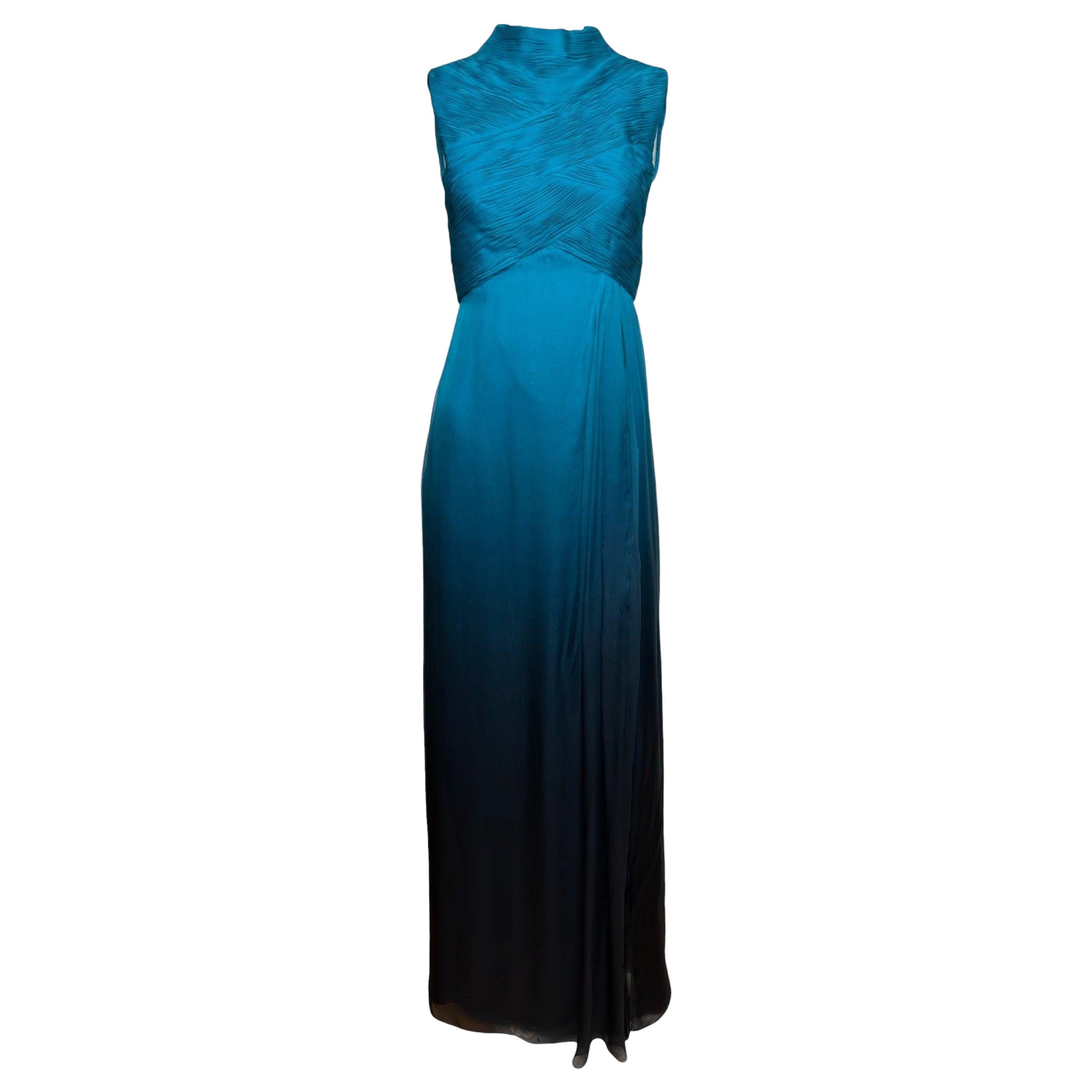 Valentino F/W 2009 Teal-to-Black Ombré Ruched Silk Sleeveless Gown