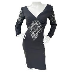 Valentino Fall 2004 Plunging Little Black Dress Harlequin Sheer Sequin Details