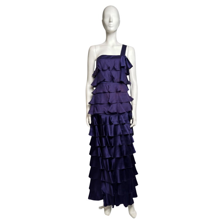 Valentino Fall 2007 Purple Silk Satin Gown with Cascading Tiered Ruffles For Sale at 1stDibs Valentino Fall 2007 Purple Silk Satin Gown with Cascading Tiered Ruffles For Sale at 1stDibs