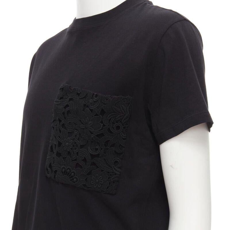Black VALENTINO floral lace breast pocket white logo black cotton tshirt S For Sale