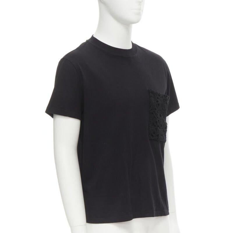 Men's VALENTINO floral lace breast pocket white logo black cotton tshirt S For Sale