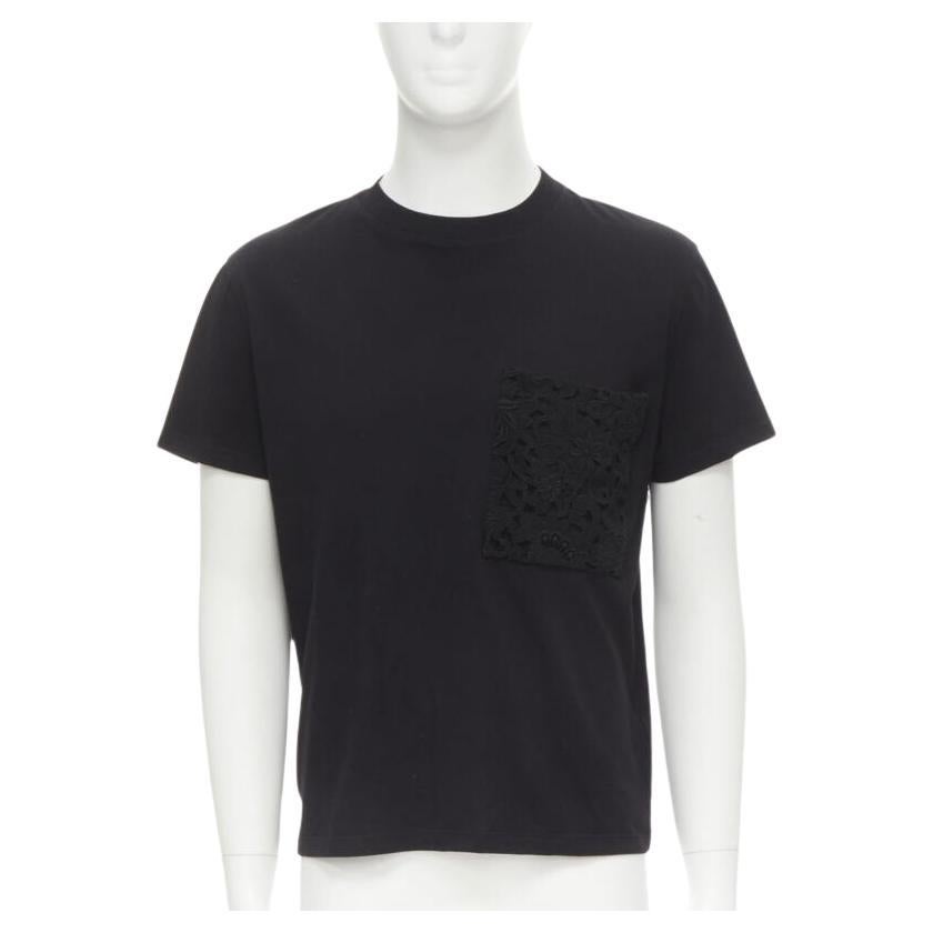 VALENTINO floral lace breast pocket white logo black cotton tshirt S