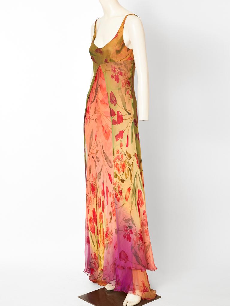 Valentino, ombréd, floral chiffon, bias cut, empire waist, gown having an attached overlayer of floral chiffon in contrasting colors. Dress has a train.