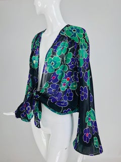 Valentino Floral Silk Chiffon Plunge Tie Front Blouse 1980s