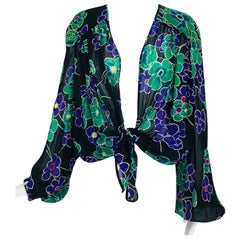 Valentino Floral Silk Chiffon Plunge Tie Front Blouse 1980s