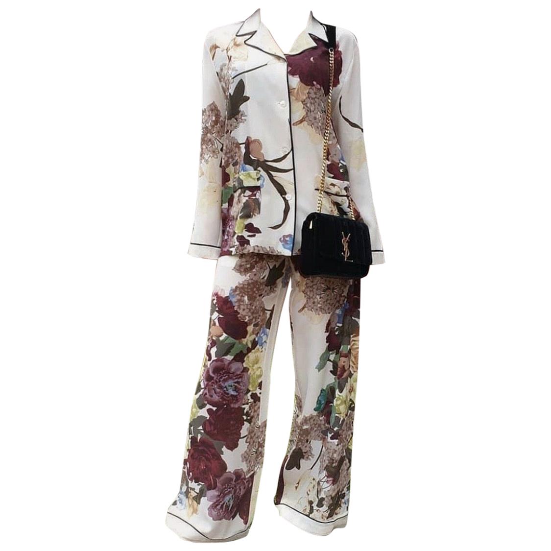 VALENTINO Floral Silk Crepe De Chine Pants Set Suit