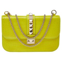 Valentino Fluo Yellow Crocodile Medium Rockstud Glam Lock Flap Bag