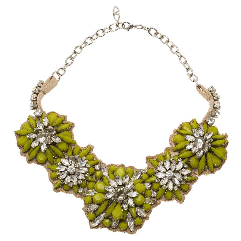 Valentino Fluoro Flowers green Crystal Silver Tone collar Necklace For Sale