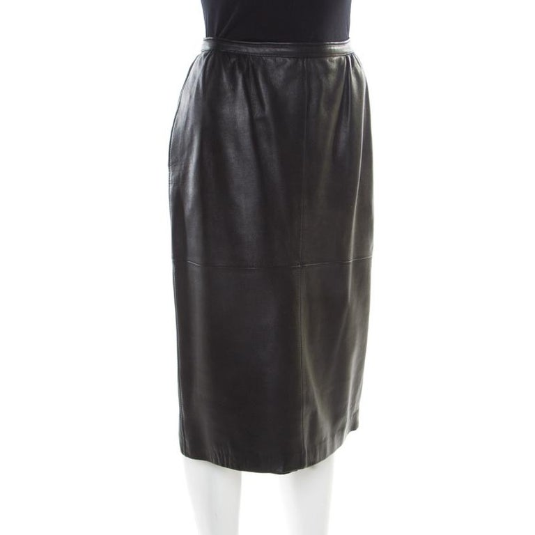 Valentino For Neiman Marcus Vintage Black Leather Midi Skirt M For Sale ...