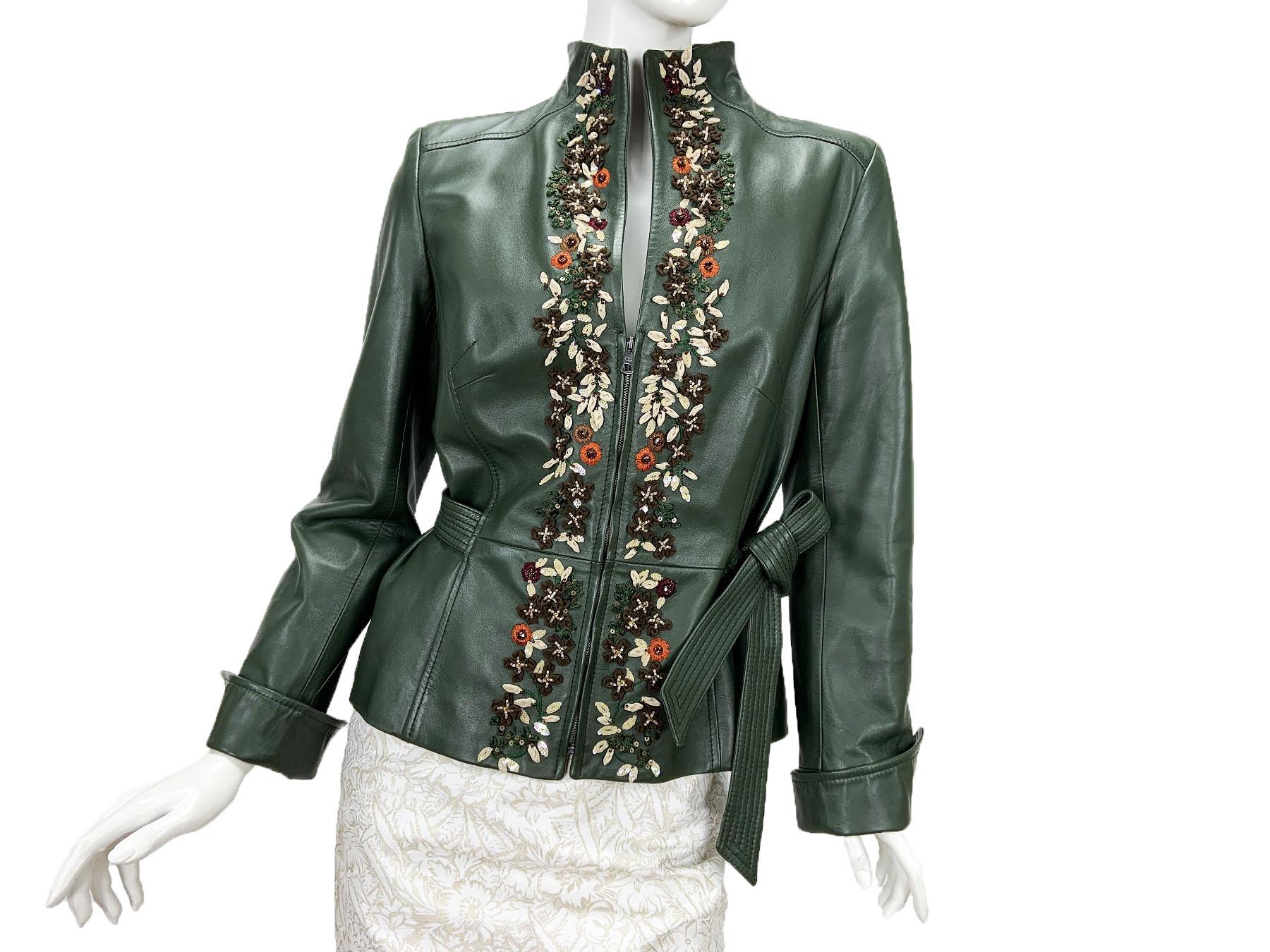 Valentino Vintage Embellished Green Leather Elegant and Feminine Fitted Jacket
Designer size - 10
Soft Green Lamb Leather,  3-D Flowers Application, Exclusively Embroidered and Beaded, Attached Belt, Fully Lined, Zip Closure, Double Back