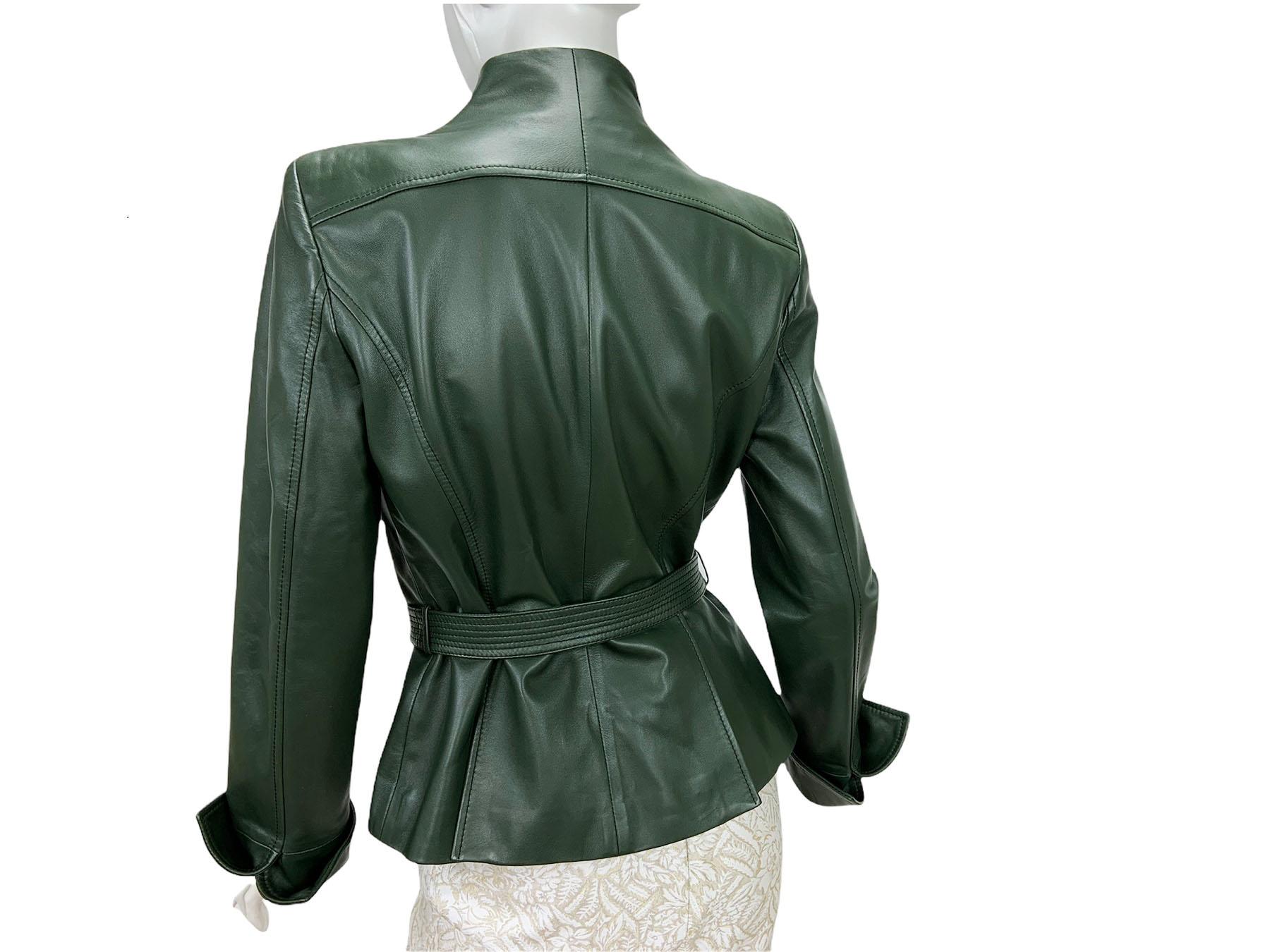Black Valentino Forest Green 3-D Flowers Embroidery Beaded Lamb Leather Jacket size 10 For Sale