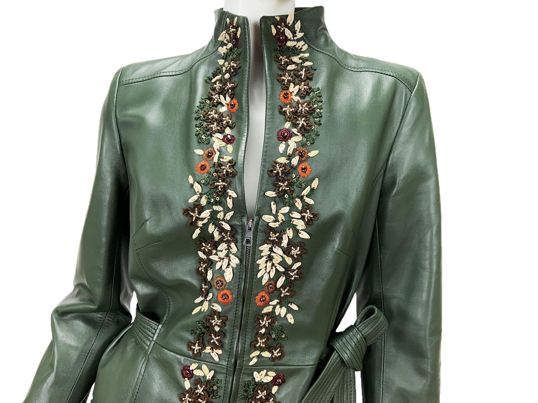 Women's Valentino Forest Green 3-D Flowers Embroidery Beaded Lamb Leather Jacket size 10 For Sale