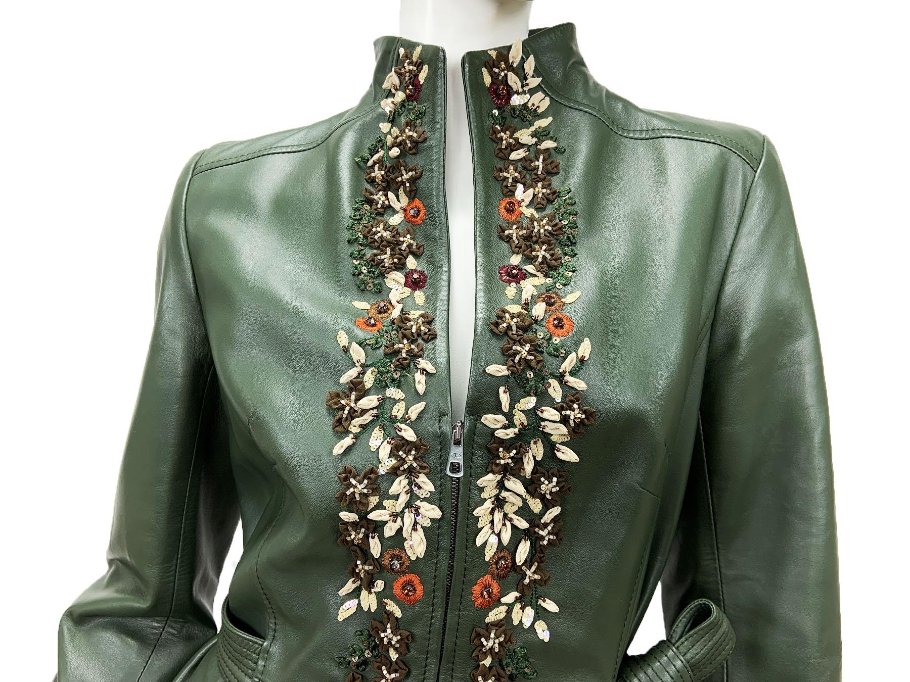 Valentino Forest Green 3-D Flowers Embroidery Beaded Lamb Leather Jacket size 10 For Sale 1