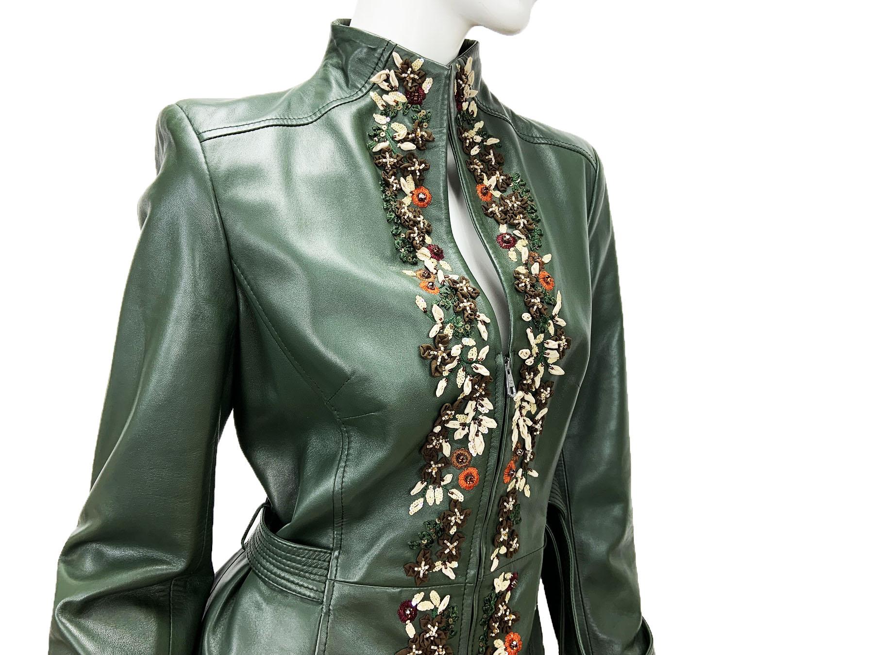 Valentino Forest Green 3-D Flowers Embroidery Beaded Lamb Leather Jacket size 10 For Sale 2