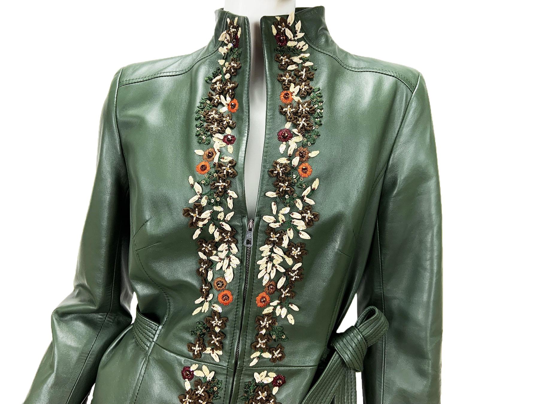 Valentino Forest Green 3-D Flowers Embroidery Beaded Lamb Leather Jacket size 10 For Sale 3