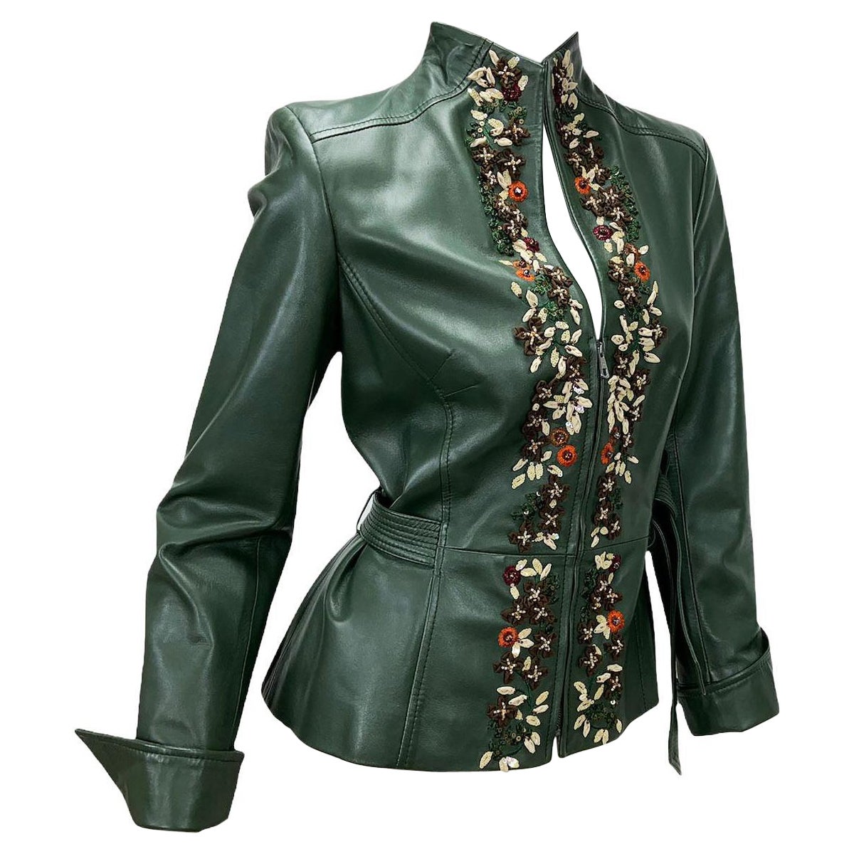 Valentino Forest Green 3-D Flowers Embroidery Beaded Lamb Leather Jacket size 10 For Sale
