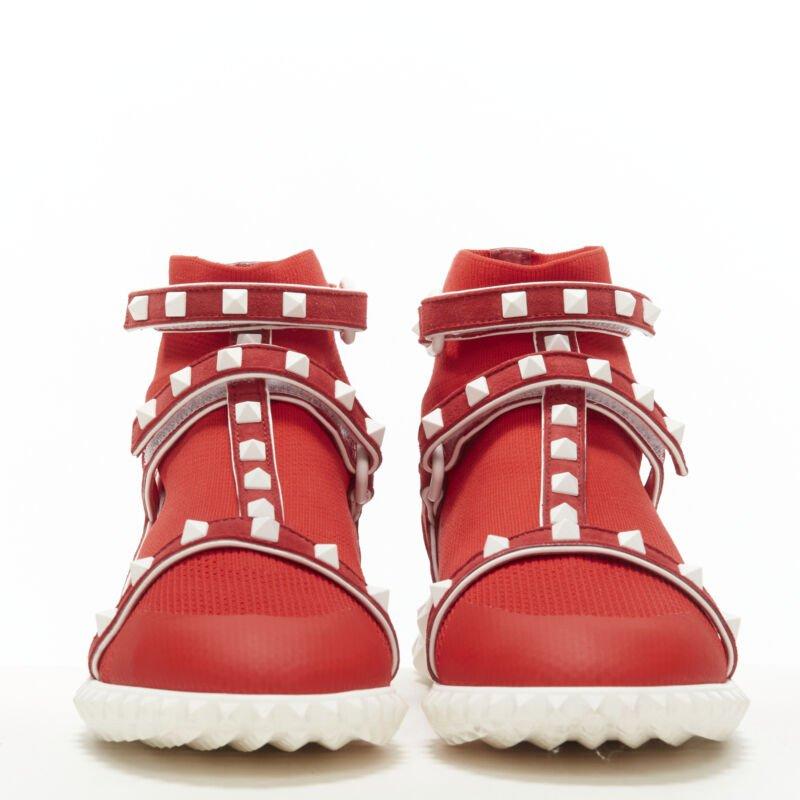 Red VALENTINO Free Rockstud Bodytech red sock knit white stud high top sneaker EU36 For Sale
