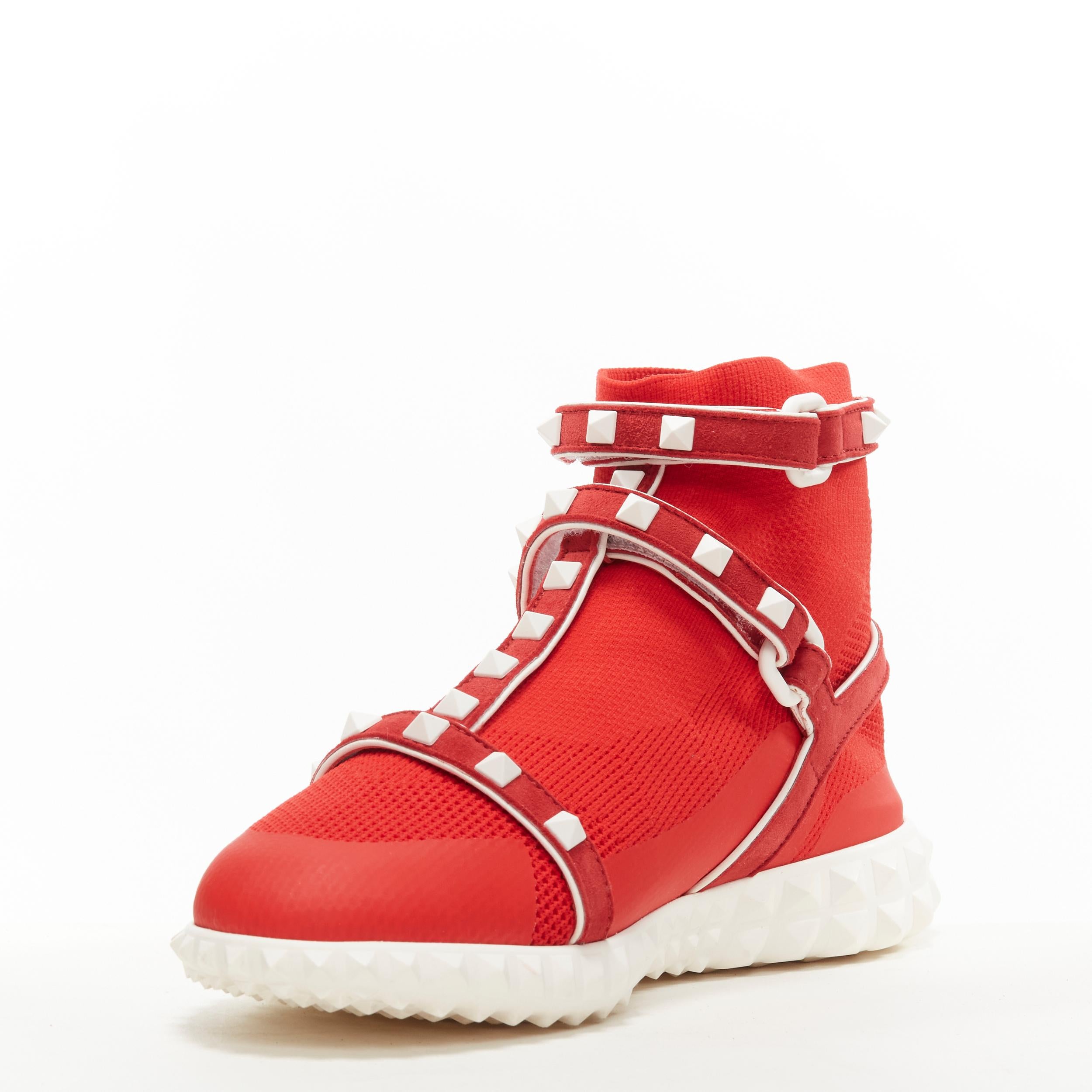 Red VALENTINO Free Rockstud Bodytech red sock knit white stud high top sneaker EU36 For Sale