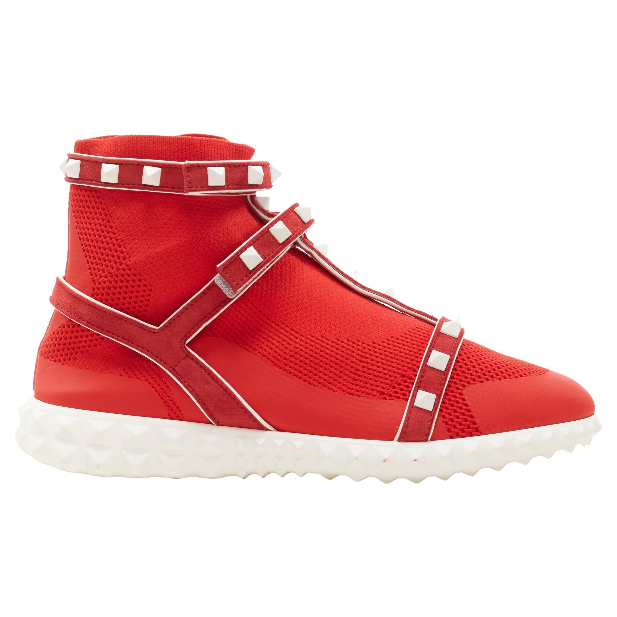 VALENTINO Free Rockstud Bodytech red sock knit white stud high top sneaker EU36 For Sale