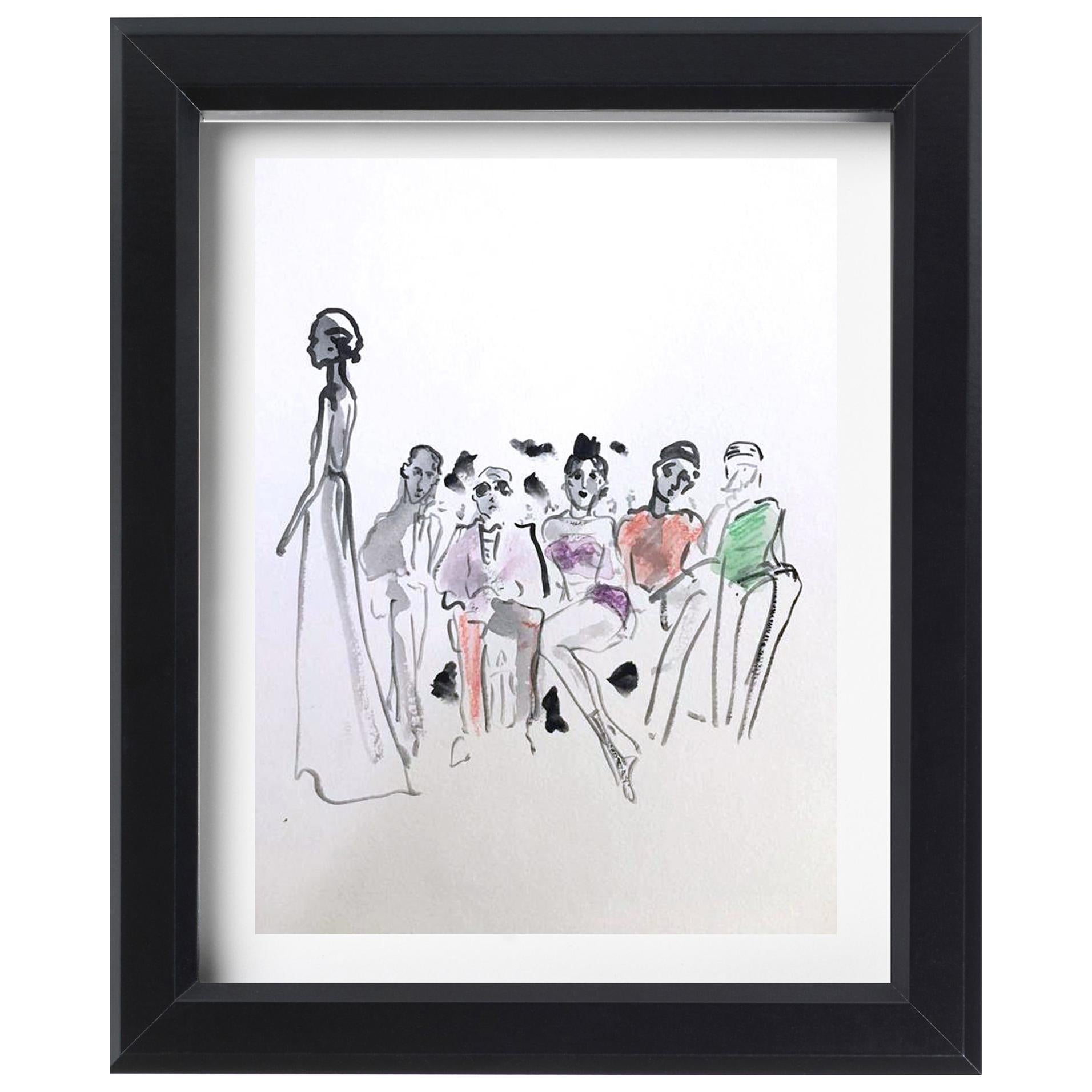 Valentino Front Row by Manuel Santelices
Dmiensions: 12 in. x 9 in.
One of a kind watercolor and oil pastel on archival paper 
Framed

Manuel Santelices explores the world of fashion, society and pop culture through his illustrations. A Chilean