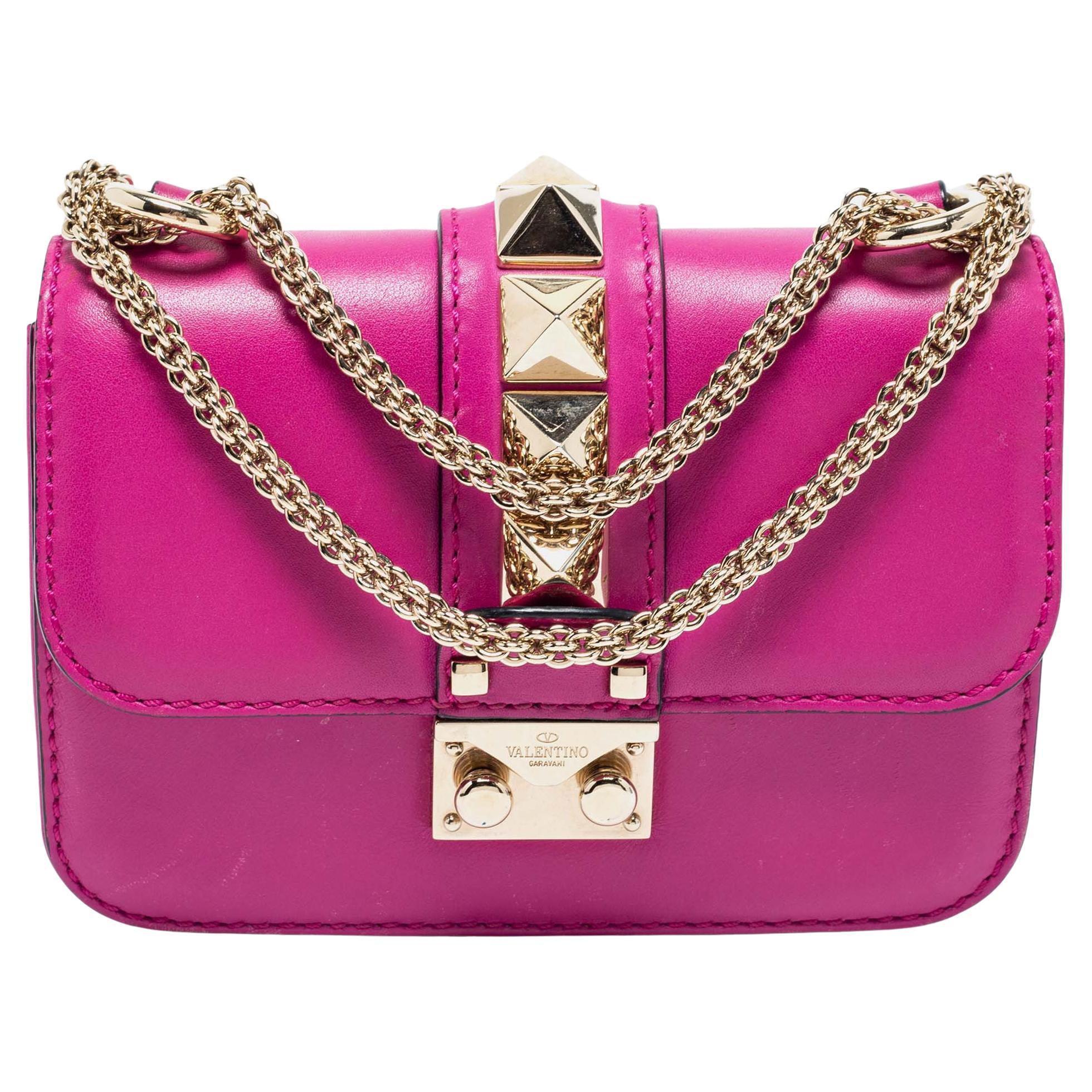 Valentino Fuchsia Leather Mini Rockstud Glam Lock Shoulder Bag