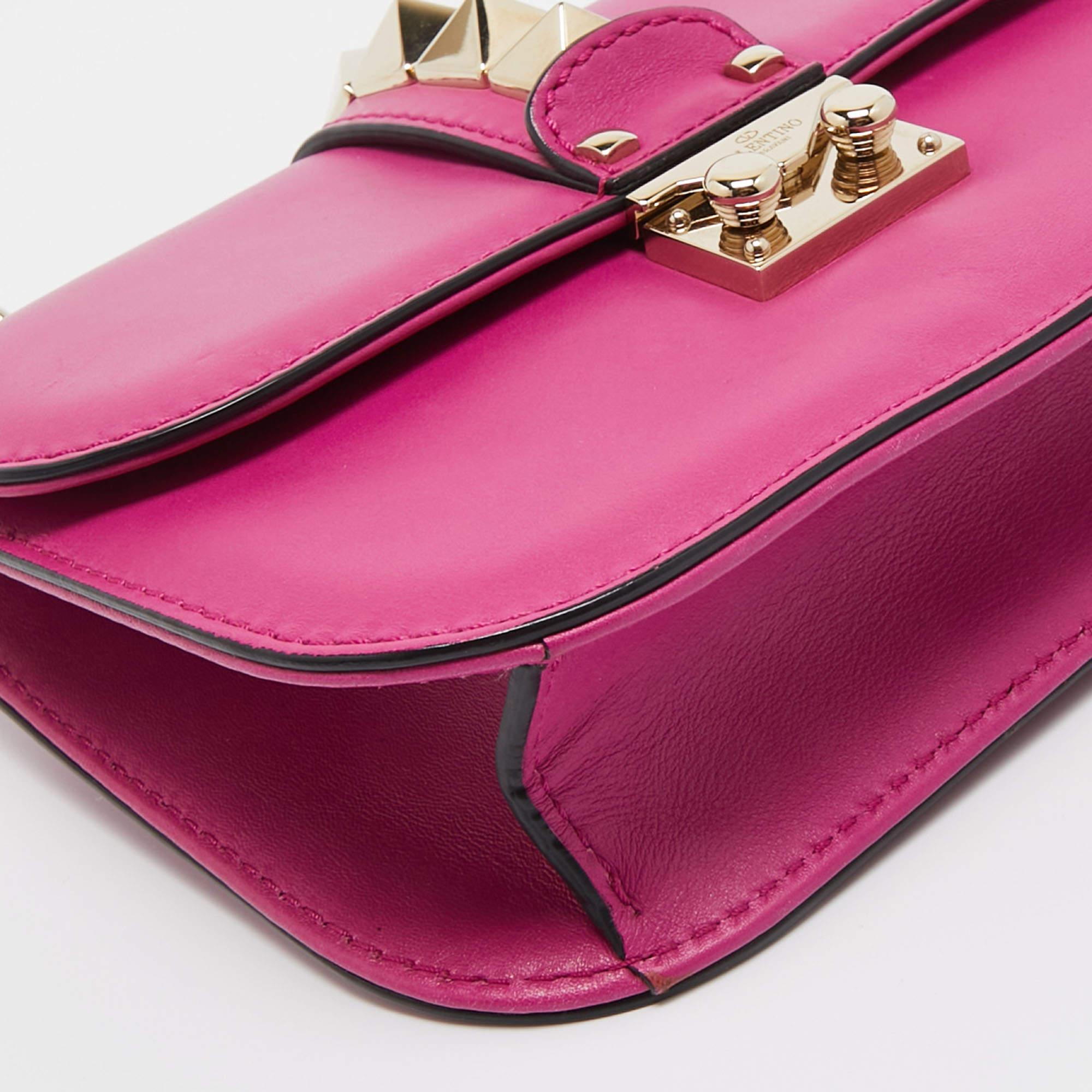 Valentino Fuchsia Leather Small Rockstud Glam Lock Flap Bag For Sale 6
