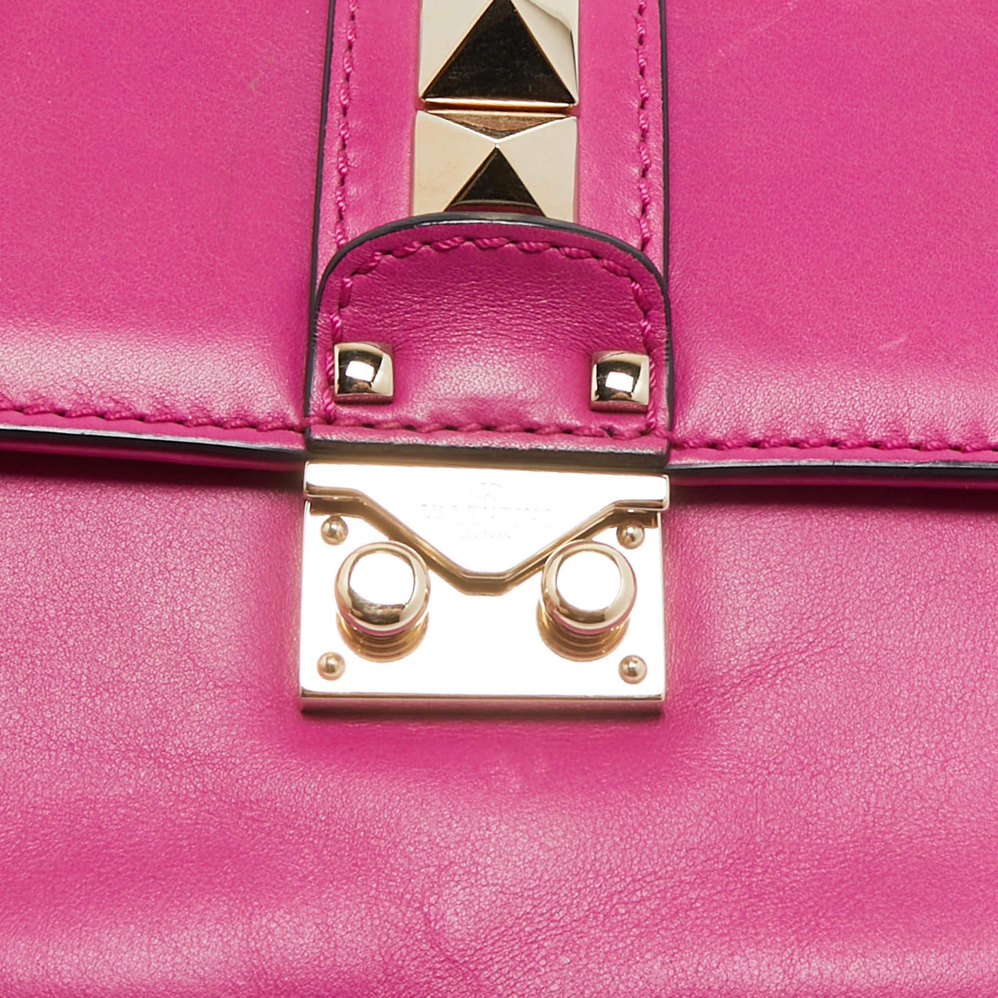 Women's Valentino Fuchsia Leather Small Rockstud Glam Lock Flap Bag For Sale