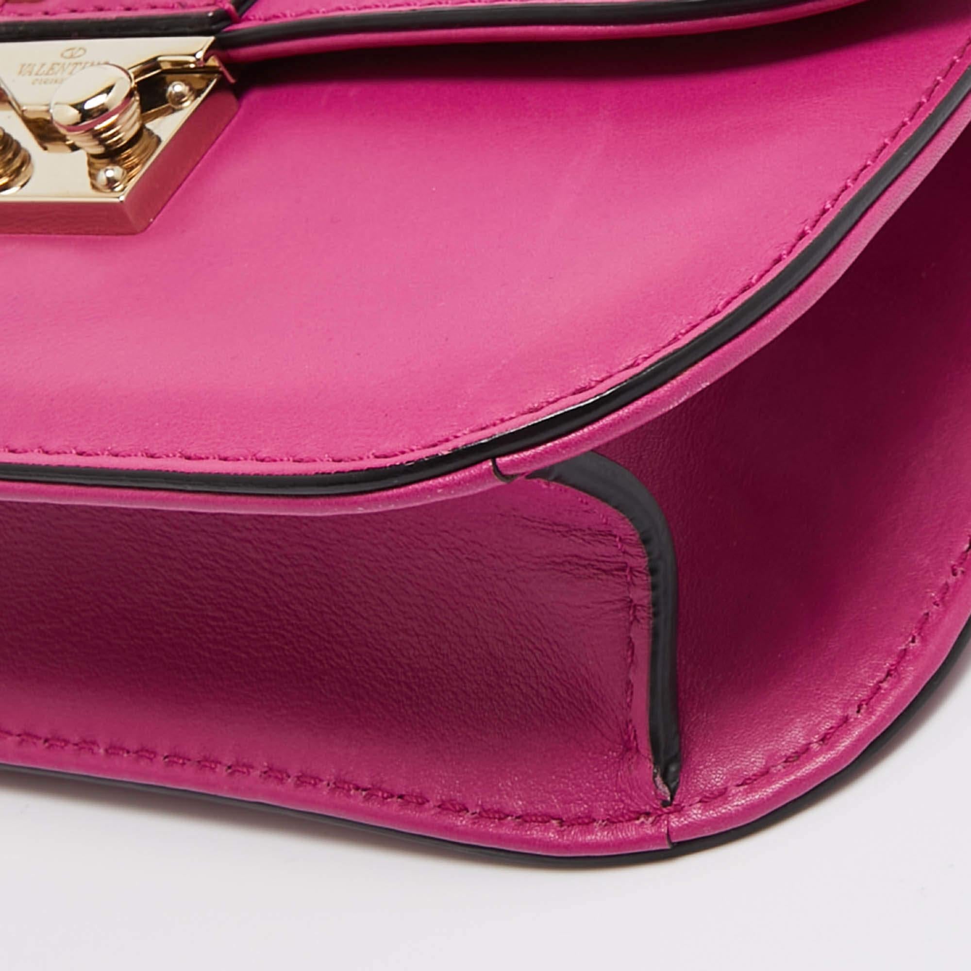 Valentino Fuchsia Leather Small Rockstud Glam Lock Flap Bag For Sale 4