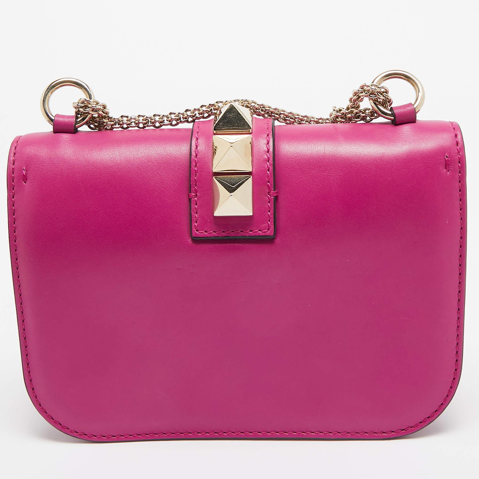 Valentino Fuchsia Leather Small Rockstud Glam Lock Flap Bag For Sale 5
