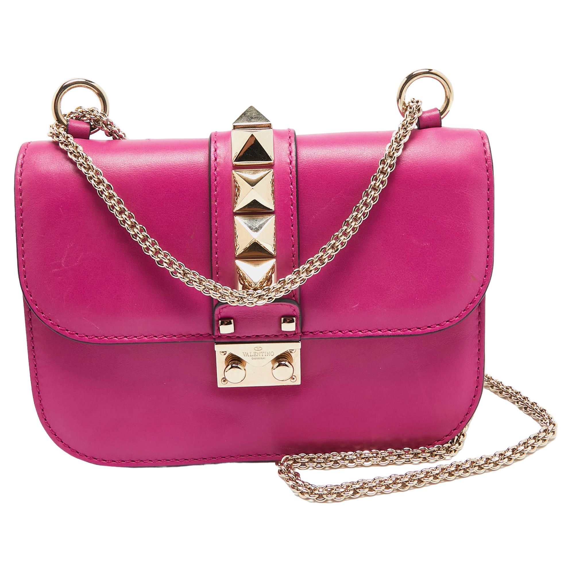Valentino Fuchsia Leather Small Rockstud Glam Lock Flap Bag For Sale