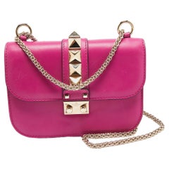 Used Valentino Fuchsia Leather Small Rockstud Glam Lock Flap Bag