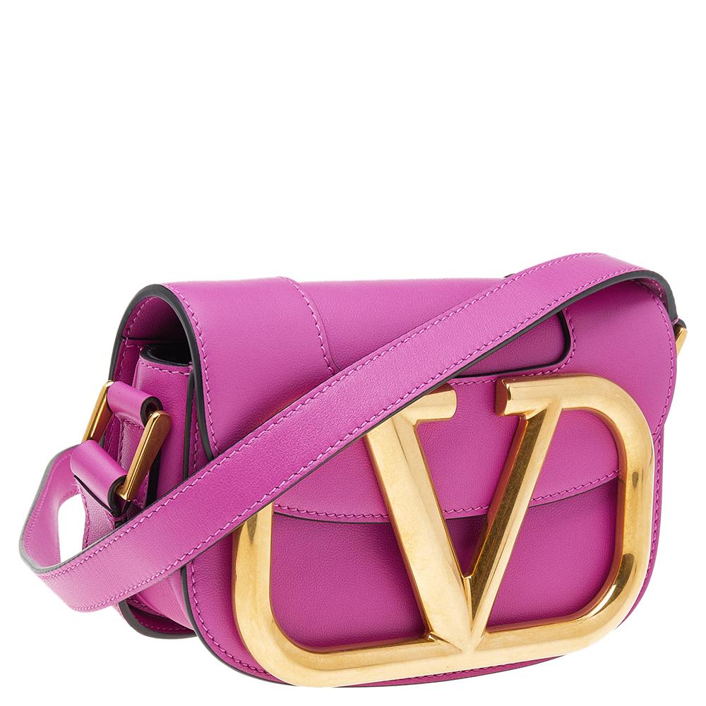 Purple Valentino Fuchsia Leather VLogo Mini Suprevee Crossbody Bag
